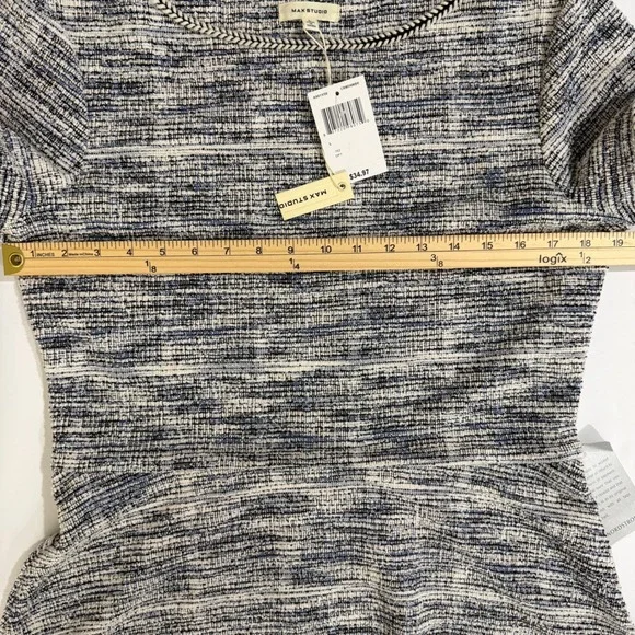 Max Studio Tweed Fit Flare Dress Short Sleeve Textured Blue White Black Sz L NWT - Picture 3 of 8